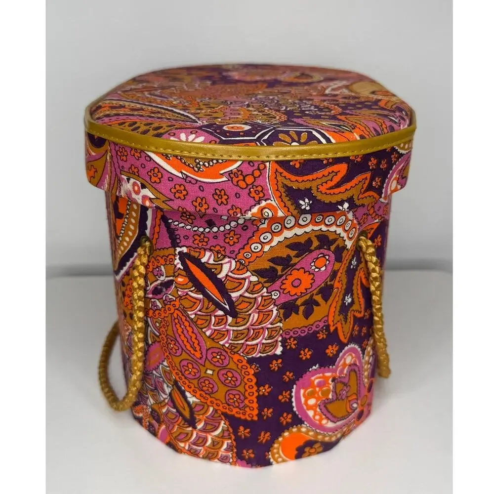 1960s Psychedelic Paisley Wig Case Hat Box Vanity Storage Mod Orange Pink